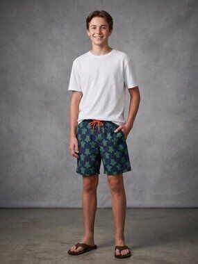 Southern Tide Boys XL Navy Green Sea Turtle Printed Swim Trunks Board Shorts